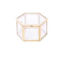 Clair Boîte à bijoux hexagonale en verre, boîte à couvercle rabattable en laiton pour collier anneau boucle d'oreille pendentif boîte souvenir, or, 7.5x7.5x4.5 cm