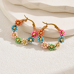 Colorful Flower Garland Braided Beaded Stainless Steel Hoop Earrings, Real 18K Gold Plated Jewelry for Women, Colorful, 30x30mm