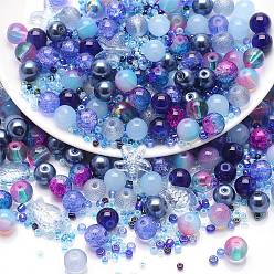 Dark Blue Glass Beads, Round & Starfish & Fish & Rondelle, Mixed Style, Dark Blue, 2~14x2~10x1~8.5mm, Hole: 0.8~1.5mm