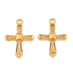 PeachPuff 304 Stainless Steel & Glass Pendants, Cross Charm, Faceted, Real 18K Gold Plated, Ion Plating(IP), Long-Lasting Plated, PeachPuff, 24x17x3.5mm, Hole: 2mm