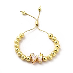 Pink Bracelets coulissants à perles rondes en laiton plaqué en rack pour femmes, bracelets réglables papillon en verre plaqué longue durée, sans nickel et sans plomb, réel 18 k plaqué or, rose, diamètre intérieur : 1-1/2~2-7/8 pouces (3.7~7.2 cm)