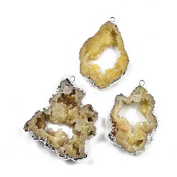 Светло-желтый Крашеные самородков натуральный druzy Geode Агат большие подвески, с латунной фурнитурой серебряного цвета, светло-желтый, 47~87x20~50x7~14 мм, отверстие : 8x5 мм