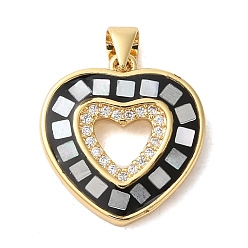 Черный Стойки обшивки латунь кубического циркония подвески, с эмалью и ракушкой, долговечный, без свинца и без кадмия, реальный 18 k позолоченный, сердце, чёрные, 20x18x3 мм, отверстие : 5x4 мм