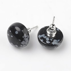 Snowflake Obsidian Half Round Dome Natural Snowflake Obsidian Stud Earrings, with Platinum Plated Brass Findings, 18mm, Pin: 0.8mm