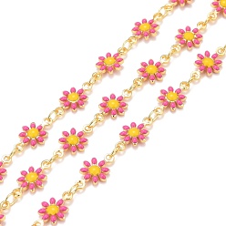 Deep Pink Brass Daisy Flower & Oval Link Chains, with Enamel & Spool, Soldered, Real 18K Gold Plated, Deep Pink, Links: 13x7.5x2mm, 4x3x0.6mm