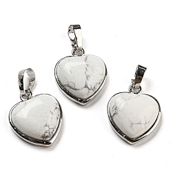 Howlite Natural Howlite Pendants, Heart Charms with Platinum Plated Brass Snap on Bails, 20.5x17.5x7mm, Hole: 4x8mm