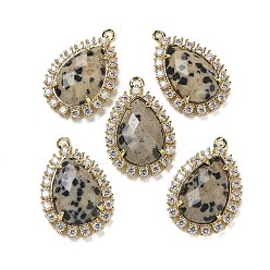 Далматинских Джаспер Подвески из натуральной далматинской яшмы в форме капли с огранкой, подвески-капли из латуни с микропаве из прозрачного кубического циркония, золотые, 25x16.5x5.5 мм, отверстие : 1.4 мм