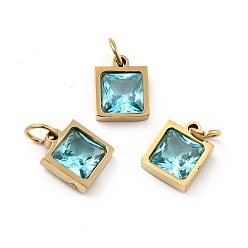 Cyan Vacuum Plating 304 Stainless Steel Pendants, with Cubic Zirconia and Jump Rings, Single Stone Charms, Square, Golden, Cyan, 9.5x8x3.5mm, Hole: 3.4mm