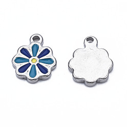 Темно-Синий 304 прелести нержавеющей стали, с эмалью, цветок, цвет нержавеющей стали, темно-синий, 12.5x10x2 мм, отверстие : 1.5 мм