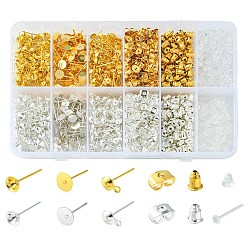 Golden & Silver 800Pcs 7 Style Iron & Plastic Stud Earring Findings, Earring Settings, with 800Pcs Ear Nuts, Golden & Silver, 5~13x3~13mm, Pin: 0.7~0.8mm