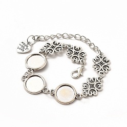 Antique Silver Alloy Bracelets & Anklets Making, Flower Link Bracelet with Heart Charm, Blank Cabochon Setting, Antique Silver, 9-1/2 inch(24.2cm), Round Tray: 12mm