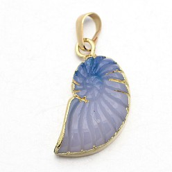 Light Blue Natural Agate Crystal Electroplate Conch Pendants, with Brass Findings, Light Blue, 28~30x14~15x4~7mm, Hole: 5x8mm