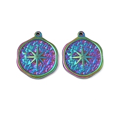 Rainbow Color Ионное покрытие (ip) 304 подвески из нержавеющей стали, плоские круглые со звездой, Радуга цветов, 20x16x3 мм, отверстие : 2 мм