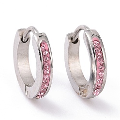 Light Rose Rhinestone Hinged Hoop Earrings, Stainless Steel Color Plated 304 Stainless Steel Jewelry for Women, Light Rose, 13x13.5x2.5mm, Pin: 1mm