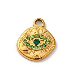 Изумруд 304 из нержавеющей стали горный хрусталь подвески, ионное покрытие (ip), реальный 14 k позолоченный, Злые чары глаз, изумруд, 15x12.5x2.5 мм, отверстие : 2.4x1.6 мм