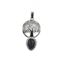 Blue Goldstone Synthetic Blue Goldstone Teardrop Pendants, Tree of Life Charms with Platinum Plated Metal Findings, 49x26mm
