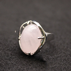 Rose Quartz Oval Natural Rose Quartz Adjustable Ring, Platinum Alloy Jewelry for Women, Inner Diameter: 18mm