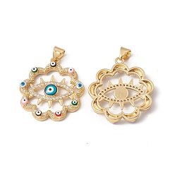 Dark Turquoise Rack Plating Brass Enamel Pendants, with Cubic Zirconia, Flower with Evil Eye, Real 18K Gold Plated, Long-Lasting Plated, Dark Turquoise, 26.5x24x4mm, Hole: 4x3.5mm