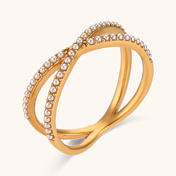 Crossed Circle Micro-Set Ring - Gold - Pearl Crossed Circles Pearl Ring - Elegant Stainless Steel Gold Plated Jewelry for Women