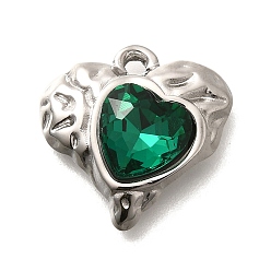 Изумруд 304 подвески из нержавеющей стали, со стразами, цвет нержавеющей стали, сердце, изумруд, 16.5x16.5x5.5 мм, отверстие : 1.8 мм