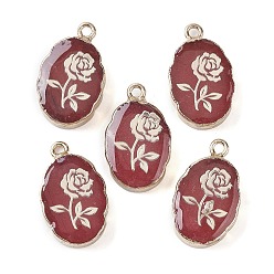 Flower Natural White Jade Pendants, Dyed & Heated, Golden Plated Brass Oval Charms, FireBrick, Flower, 22~22.5x13~13.5x4.5mm, Hole: 1.6~1.8mm