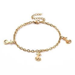Golden 304 Stainless Steel Cat Charm Bracelet with Cable Chains for Women, Golden, 7-1/8 inch(18cm)