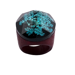 Темно-бирюзовый Кольца из смолы и дерева, с сухих цветов, темные бирюзовый, внутренний диаметр: 18 мм