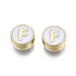 Letter F Alloy Enamel Beads, Cadmium Free & Lead Free, Light Gold, Flat Round with Alphabet, White, Letter.F, 8x4mm, Hole: 1.5mm