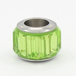 Lawn Green Glass European Beads, Large Hole Drum Beads, with 304 Stainless Steel Core, Faceted, Lawn Green, 11x10mm, Hole: 5mm
