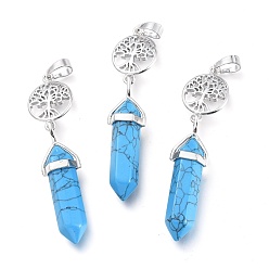 Synthetic Turquoise Synthetic Turquoise Pointed Big Pendants, with Platinum Plated Brass Findings, Faceted, Bullet & Tree of Life, 59~67x14~15mm, Hole: 7x5mm