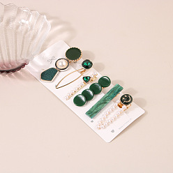 F23-01 Long Strip Peacock Green Sparkling Pearl Hair Clips Set for Girls - Elegant Rhinestone Side Barrettes and Alligator Hairpins