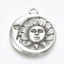 Antique Silver Tibetan Style Alloy Pendants, Flat Round with Sun and Moon, Lead Free & Cadmium Free, Antique Silver, 28.5x25x2.5mm, Hole: 2.5mm, about 157pcs/500g