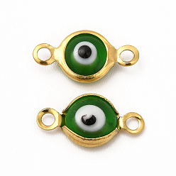 Green Ion Plating(IP) 304 Stainless Steel Connector Charms, Flat Round Links with Evil Eye Pattern, with Glass Enamel, Real 18K Gold Plated, Green, 13x6.5x2.5mm, Hole: 1.5mm