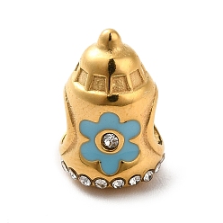 Golden Ion Plating(IP) 304 Stainless Steel Enamel European Beads, with Rhinestone, Large Hole Beads, Feeding Bottle with Flower Pattern, Golden, 13.5x9mm, Hole: 4.5mm
