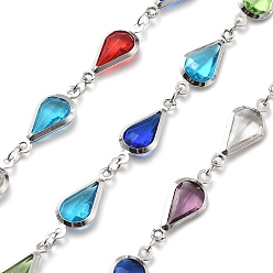 Разноцветный Латунные стеклянные каплевидные звенья цепи, с катушкой, долговечный, пайки, без свинца и без кадмия, стойки покрытие, платина, красочный, 16.5x7x2.5 мм