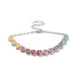 Platinum Colorful Cubic Zirconia Heart Link Bracelet, Rack Plating Brass Jewelry for Women, Cadmium Free & Lead Free, Platinum, 7-3/8 inch(18.8cm)