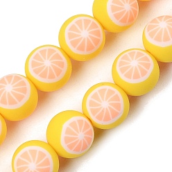 Yellow Handmade Polymer Clay Beads Strands, Round with Grapefruit, Yellow, 8mm, Hole: 1.2mm, about 40pcs/strand, 12.20''(31cm)
