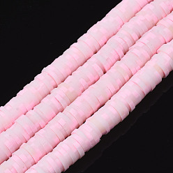 Pink Hechos a mano de los granos de la arcilla del polímero hebras, para suministros de manualidades de joyería diy, perlas heishi, disco / plano y redondo, rosa, 6x0.5~1 mm, agujero: 1.8 mm, sobre 290~320 unidades / cadena, 15.75 pulgada ~ 16.14 pulgada (40~41 cm)