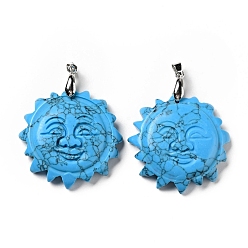 Synthetic Turquoise Synthetic Turquoise Pendants, with Platinum Tone Brass Findings, Lead Free & Cadmium Free, Sun with Smiling Face, 42x34~35x10.5mm, Hole: 3.8x5mm