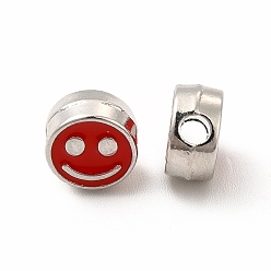 Red Rack Plating Alloy Enamel Beads, Cadmium Free & Nickel Free & Lead Free, Flat Round with Smiling Face Pattern, Platinum, Red, 7.5x4mm, Hole: 2mm