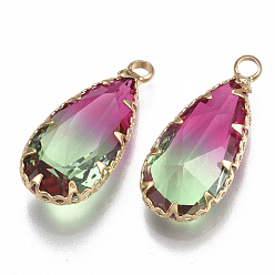 Colorful Two Tone Glass Pendants, with Brass Findings, Faceted, Teardrop, Golden, Colorful, 24x10.5x6mm, Hole: 1.5mm