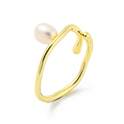 Real 14K Gold Plated Brass Open Cuff Rings, with Natural Pearl, Real 14K Gold Plated, Inner Diameter: 18mm