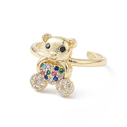 Colorful Bear Cubic Zirconia Cuff Ring, Real 16K Gold Plated Brass Open Ring Jewelry for Women, Colorful, 2mm, Inner Diameter: 17mm.
