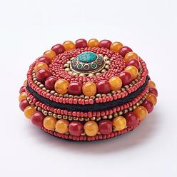 Orange Tibetan Style Wooden Jewelry Boxes, with Imitation Coral, Beeswax and Turquoise, Orange, 117~119x57~60mm