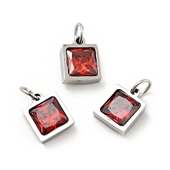 FireBrick 304 Stainless Steel Pendants, with Cubic Zirconia and Jump Rings, Single Stone Charms, Square, Stainless Steel Color, FireBrick, 9.5x8x3.5mm, Hole: 3.4mm