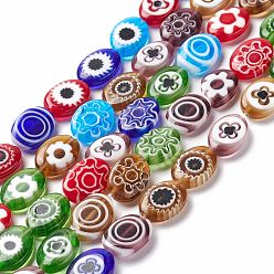 Coloré Brins de perles de verre au chalumeau millefiori faites à la main, ovale, colorées, 13.5x9.5~10x3.5~4mm, Trou: 1mm, Environ 27 pcs/chapelet, 14.17~14.37 pouce (36~36.5 cm)
