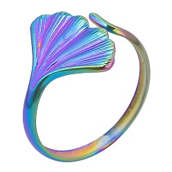 Rainbow Color 201 Stainless Steel Gingko Leaf Open Cuff Ring for Women, Rainbow Color, US Size 8(18.1mm)