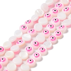 Hot Pink Natural Freshwater Shell Enamel Beads Strands, Flat Round with Evil Eye, Hot Pink, 6x3mm, Hole: 0.5mm, about 62~65pcs/strand, 14.37''~14.96''(36.5~38cm)