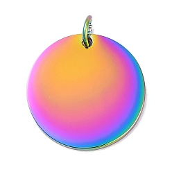 Rainbow Color Ионное покрытие (ip) 304 подвески из нержавеющей стали, с целью перехода в кольце, зеркальная полировка, плоский круглый шарм, штамповка пустой метки, Радуга цветов, 16x1 мм, отверстие : 3.5 мм