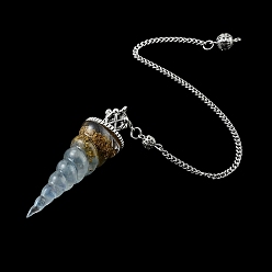 Aquamarine Resin Dowsing Pendulum Pendants with Synthetic Aquamarine Chips inside and Iron Chain & Alloy Caps, Cone Charms, 280mm, Hole: 2mm